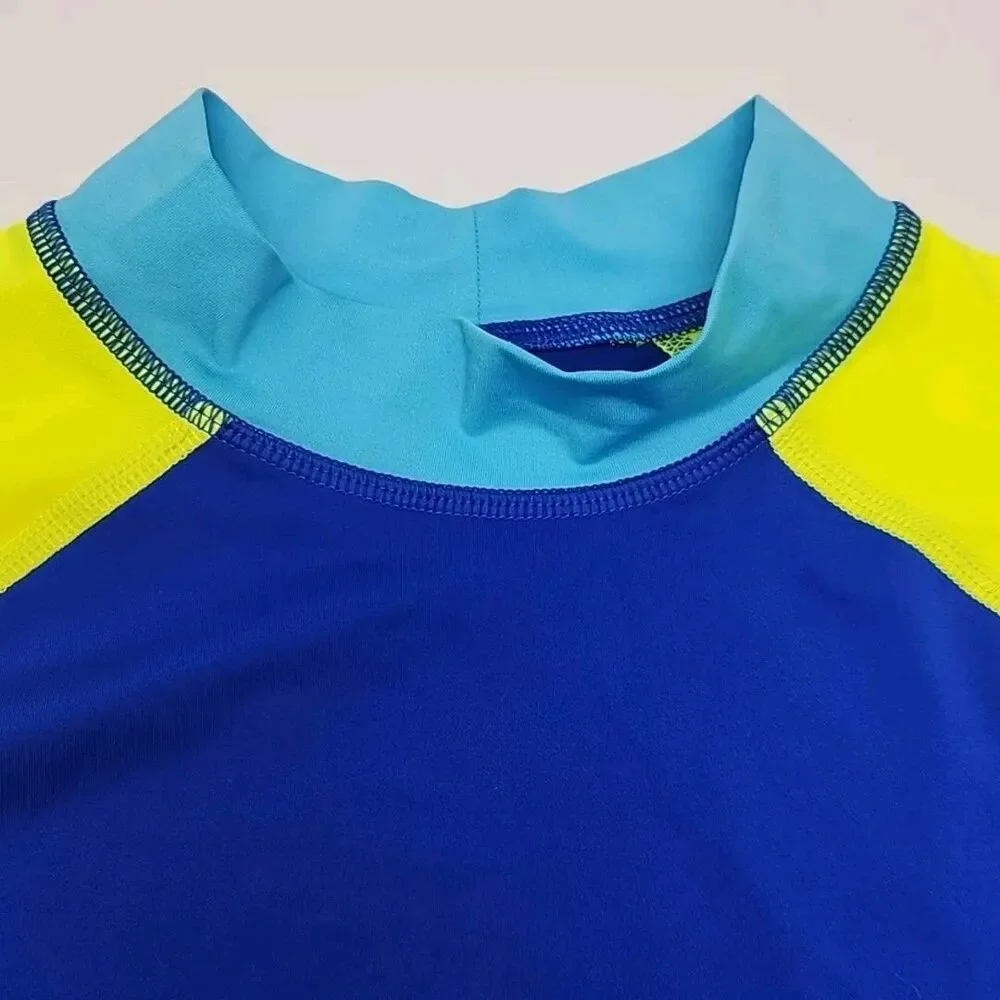 Lands End Rash Guard Swim Shirt Blue Yellow Short Sleeve Boy Youth XL 14-16 Mock